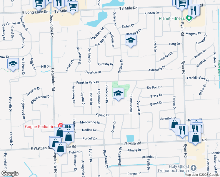 map of restaurants, bars, coffee shops, grocery stores, and more near 39843 Pinebrook Drive in Sterling Heights