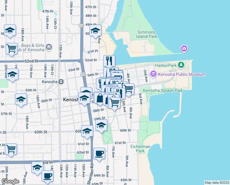 map of restaurants, bars, coffee shops, grocery stores, and more near 5509 6th Avenue in Kenosha