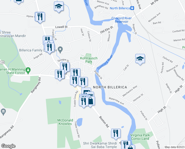 map of restaurants, bars, coffee shops, grocery stores, and more near 2 Manor Road in Billerica
