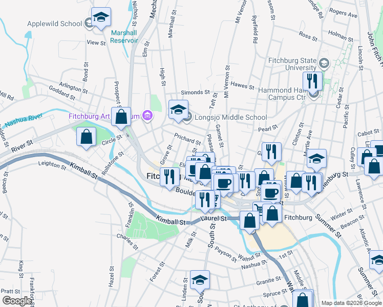map of restaurants, bars, coffee shops, grocery stores, and more near 32 Adams Street in Fitchburg