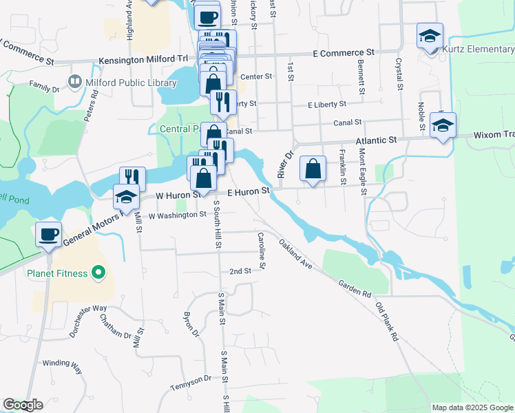 map of restaurants, bars, coffee shops, grocery stores, and more near 320 East Huron Street in Milford Charter Township