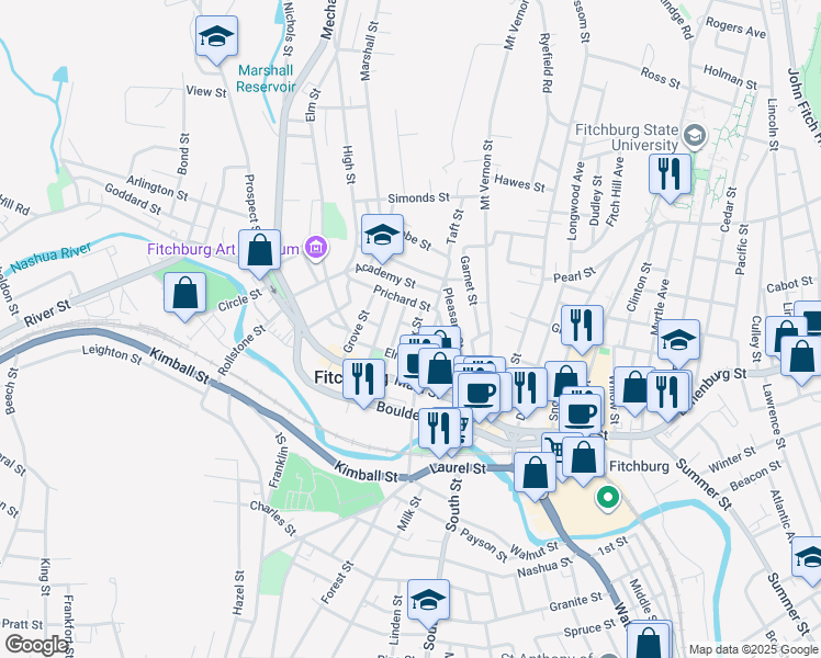 map of restaurants, bars, coffee shops, grocery stores, and more near 32 Adams Street in Fitchburg