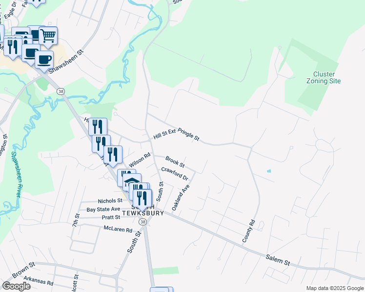 map of restaurants, bars, coffee shops, grocery stores, and more near 87 Pringle Street in Tewksbury