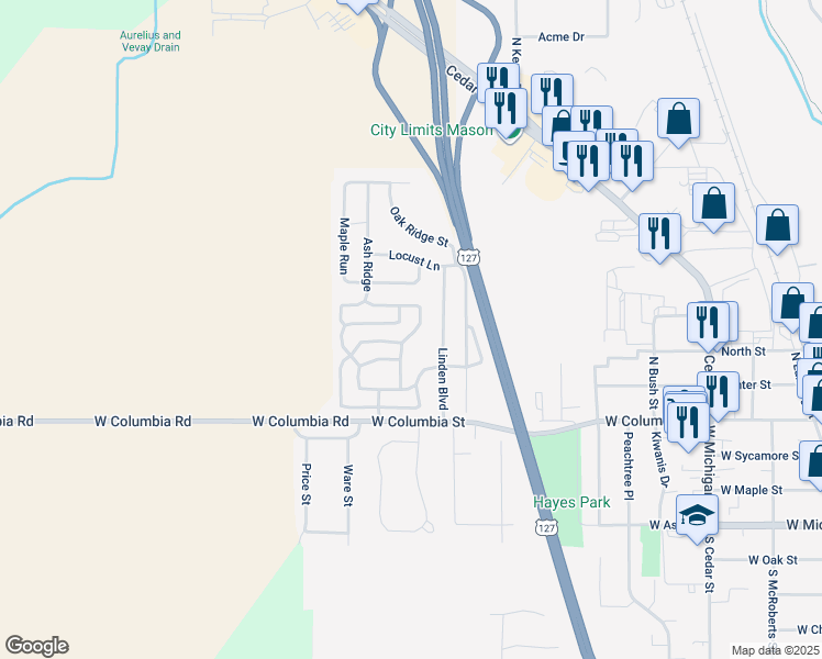 map of restaurants, bars, coffee shops, grocery stores, and more near 482 Shade Tree Trail in Mason