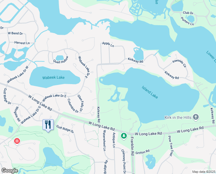 map of restaurants, bars, coffee shops, grocery stores, and more near 1670 Kirkway Lane in Oakland County