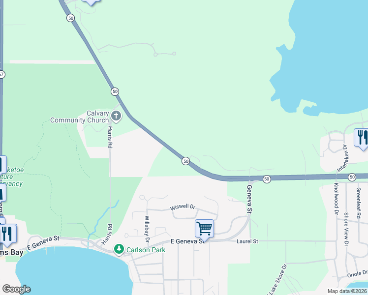 map of restaurants, bars, coffee shops, grocery stores, and more near W4544 State Road 50 in Lake Geneva
