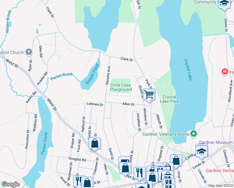 map of restaurants, bars, coffee shops, grocery stores, and more near 24 Norman Street in Gardner
