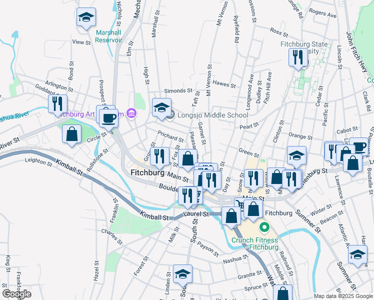 map of restaurants, bars, coffee shops, grocery stores, and more near 79 Prichard Street in Fitchburg