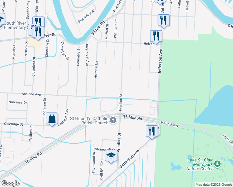 map of restaurants, bars, coffee shops, grocery stores, and more near 39111 Prentiss Street in Harrison charter Township
