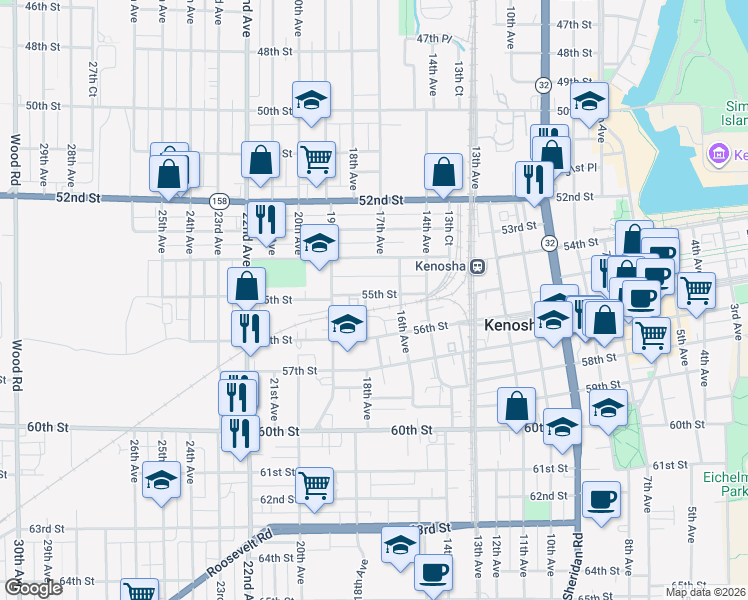 map of restaurants, bars, coffee shops, grocery stores, and more near 5432 16th Avenue in Kenosha