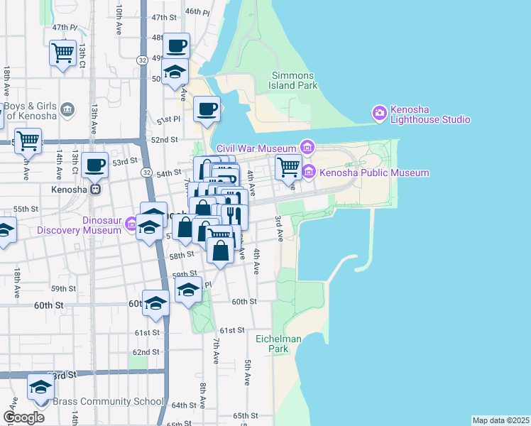 map of restaurants, bars, coffee shops, grocery stores, and more near 318 57th Street in Kenosha