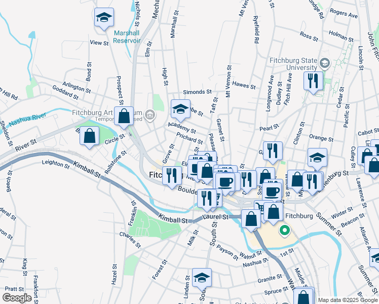 map of restaurants, bars, coffee shops, grocery stores, and more near 32 Adams Street in Fitchburg