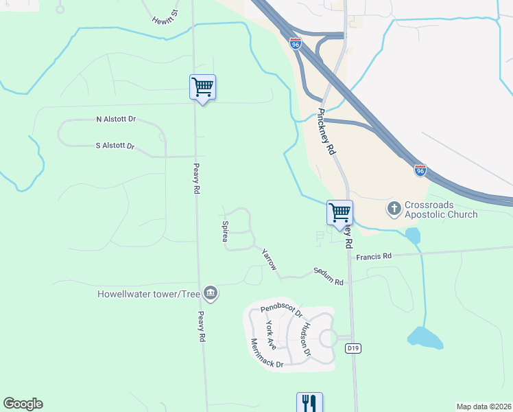map of restaurants, bars, coffee shops, grocery stores, and more near 1000 Spirea in Howell