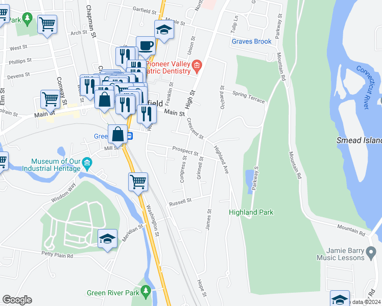 map of restaurants, bars, coffee shops, grocery stores, and more near 50 Prospect Street in Greenfield