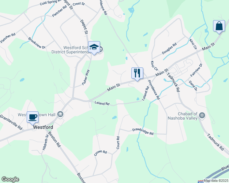 map of restaurants, bars, coffee shops, grocery stores, and more near 89 Main Street in Westford