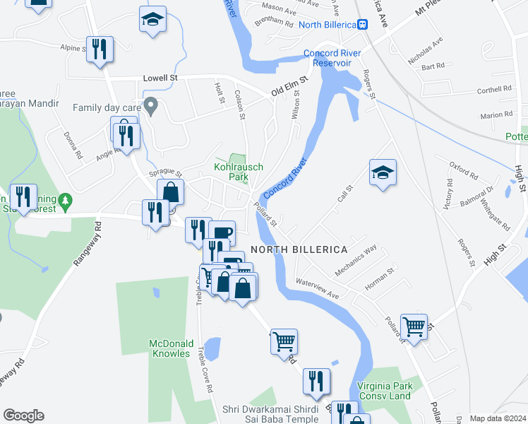 map of restaurants, bars, coffee shops, grocery stores, and more near 6 Pollard Street in Billerica