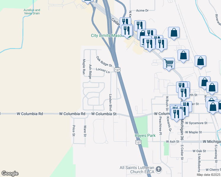 map of restaurants, bars, coffee shops, grocery stores, and more near 140 Linden Boulevard in Mason