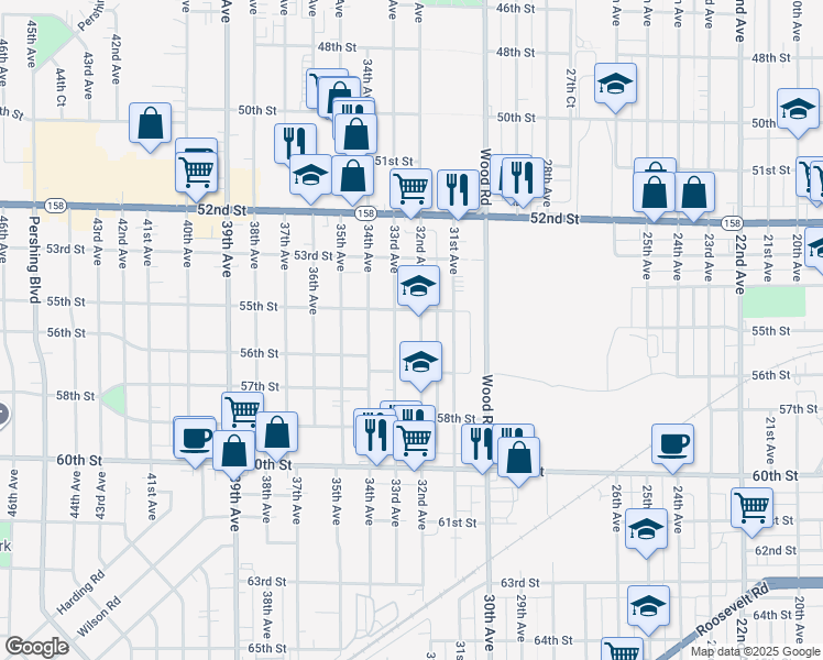 map of restaurants, bars, coffee shops, grocery stores, and more near 5520 32nd Avenue in Kenosha