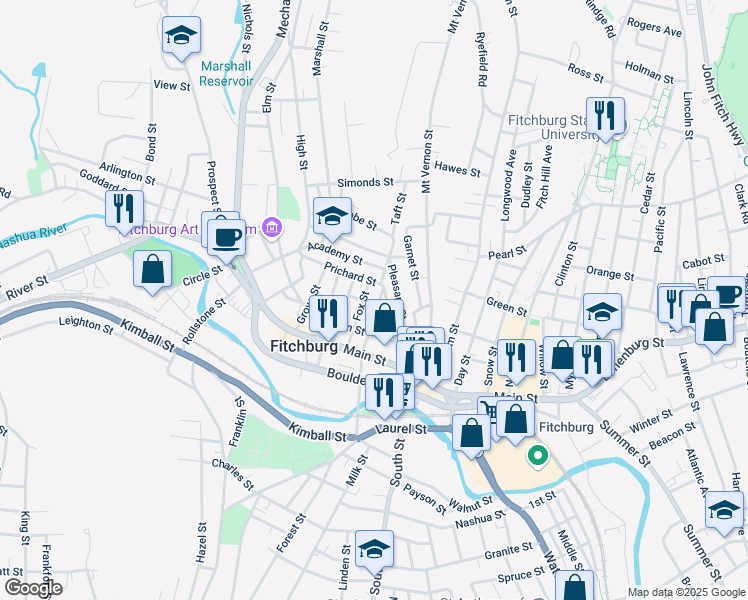 map of restaurants, bars, coffee shops, grocery stores, and more near 79 Prichard Street in Fitchburg