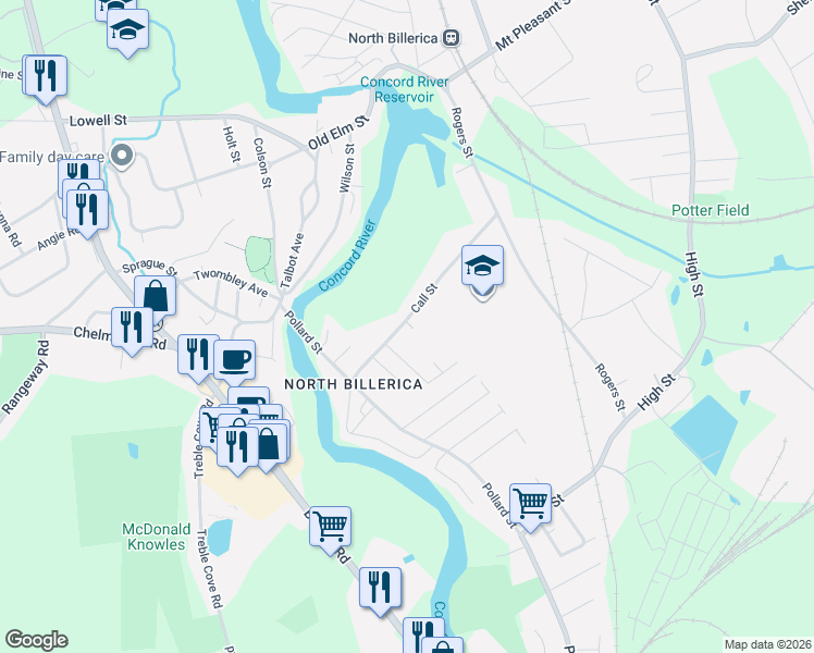 map of restaurants, bars, coffee shops, grocery stores, and more near 25 Call Street in Billerica