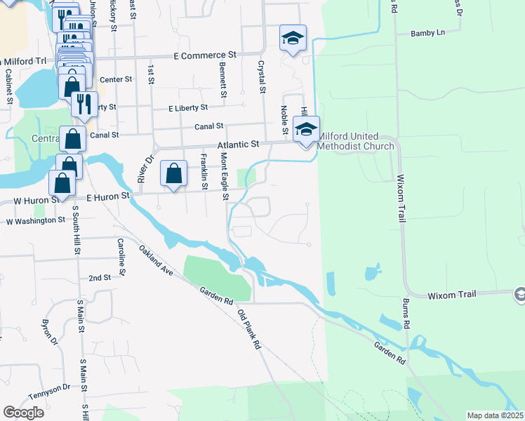 map of restaurants, bars, coffee shops, grocery stores, and more near 991 Riverstone Circle in Milford Charter Township