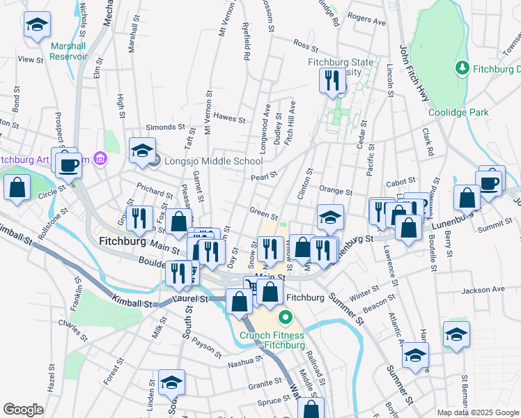 map of restaurants, bars, coffee shops, grocery stores, and more near 94 Snow Street in Fitchburg