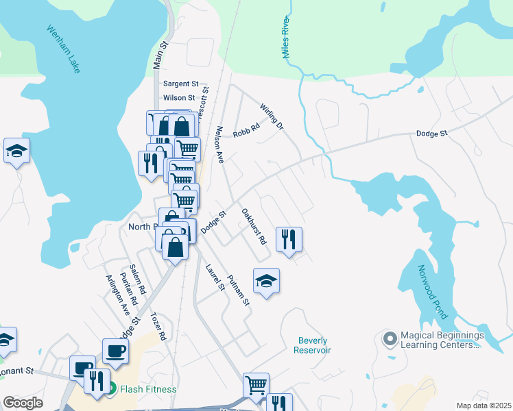 map of restaurants, bars, coffee shops, grocery stores, and more near 1 Michael Road in Beverly