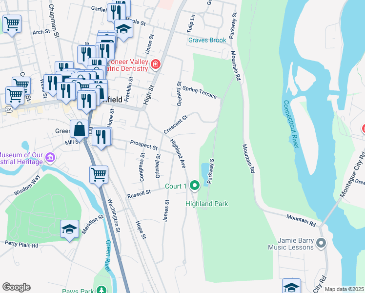 map of restaurants, bars, coffee shops, grocery stores, and more near 25 Highland Ave in Greenfield