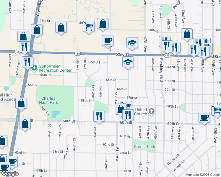 map of restaurants, bars, coffee shops, grocery stores, and more near 5530 51st Avenue in Kenosha