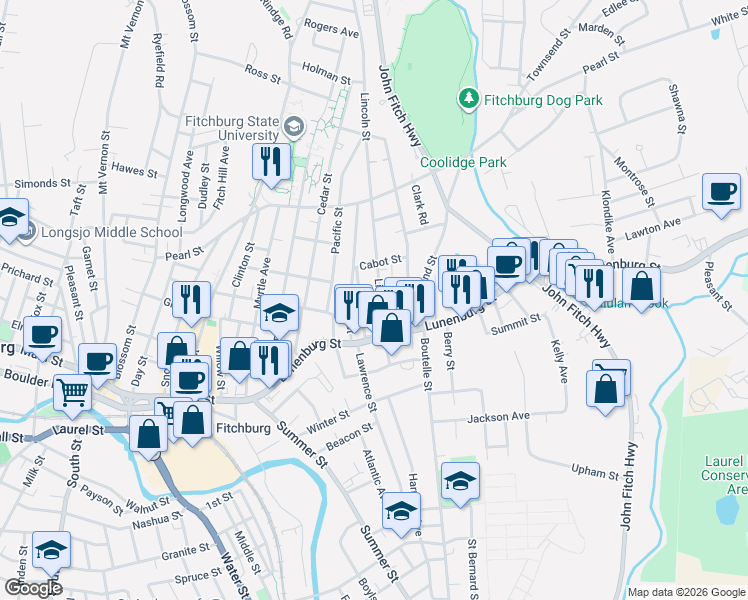 map of restaurants, bars, coffee shops, grocery stores, and more near 44 Lincoln Street in Fitchburg