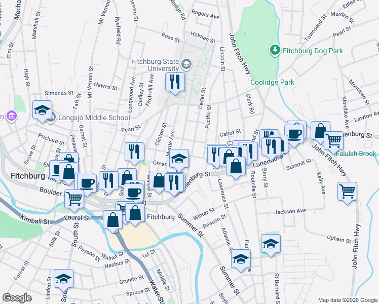 map of restaurants, bars, coffee shops, grocery stores, and more near 14 Cedar Street in Fitchburg