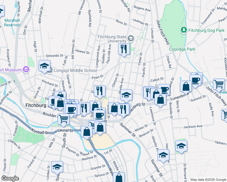 map of restaurants, bars, coffee shops, grocery stores, and more near 7 Congress Street in Fitchburg