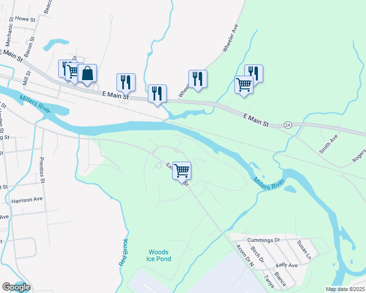 map of restaurants, bars, coffee shops, grocery stores, and more near 383 East River Street in Orange
