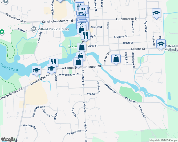 map of restaurants, bars, coffee shops, grocery stores, and more near 119 East Washington Street in Milford Charter Township