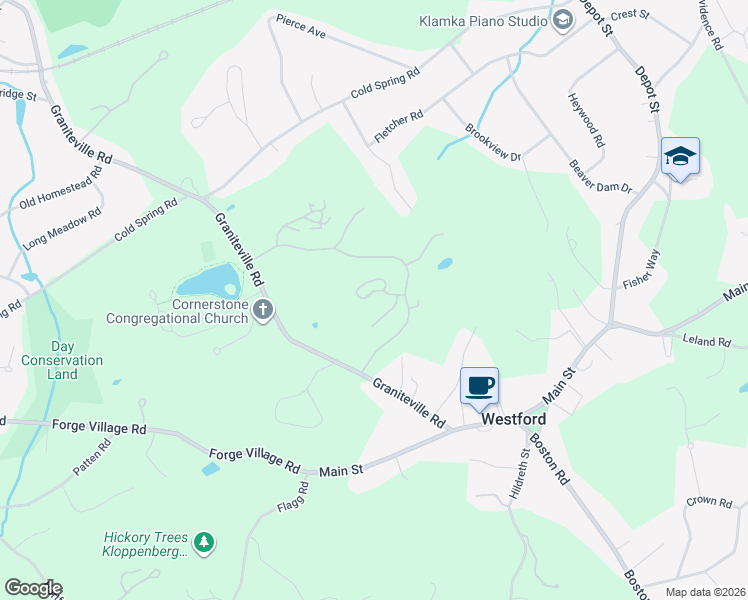 map of restaurants, bars, coffee shops, grocery stores, and more near 23 Bradley Lane in Westford