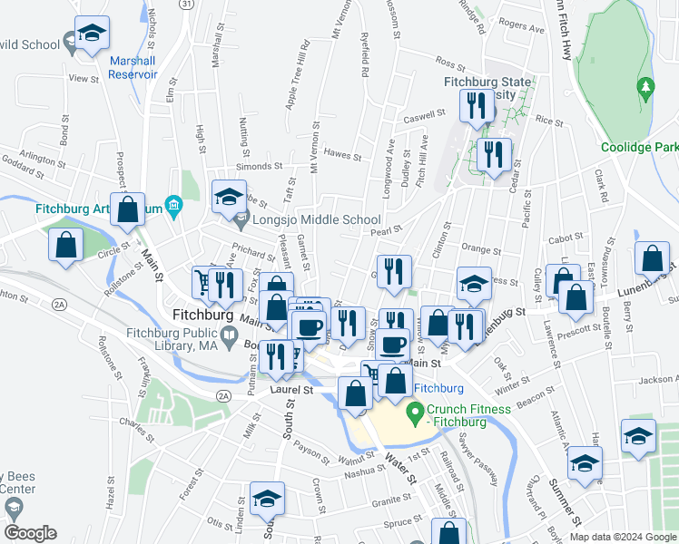 map of restaurants, bars, coffee shops, grocery stores, and more near 102 Blossom Street in Fitchburg