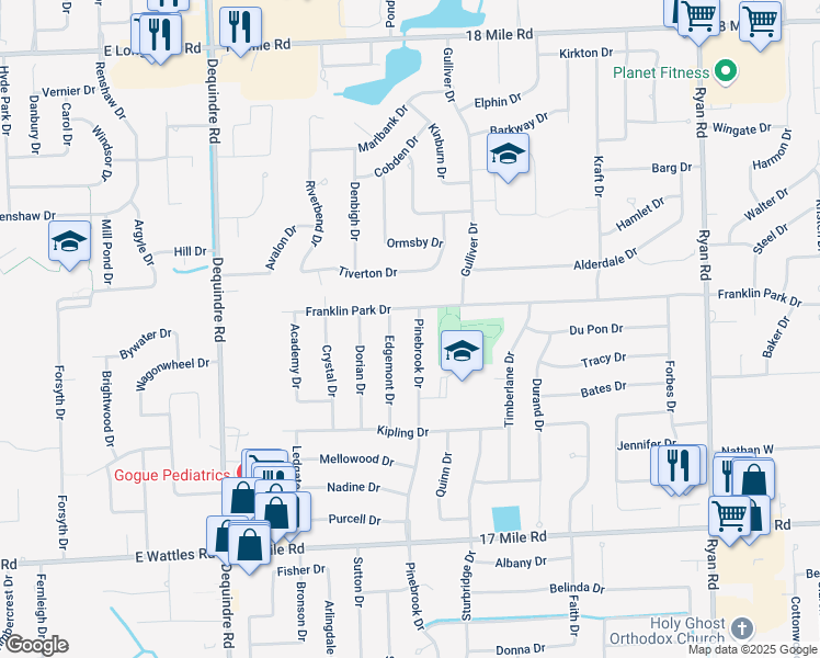 map of restaurants, bars, coffee shops, grocery stores, and more near 39843 Pinebrook Drive in Sterling Heights