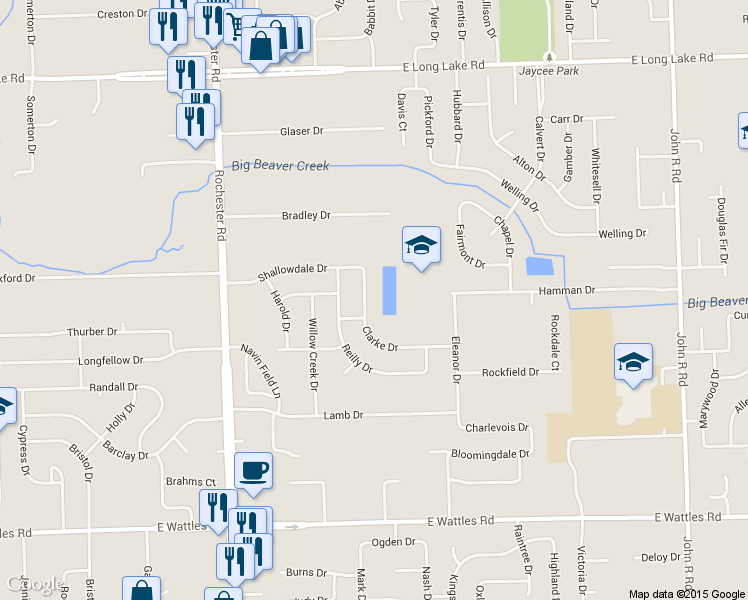map of restaurants, bars, coffee shops, grocery stores, and more near 4486 Clarke Drive in Troy