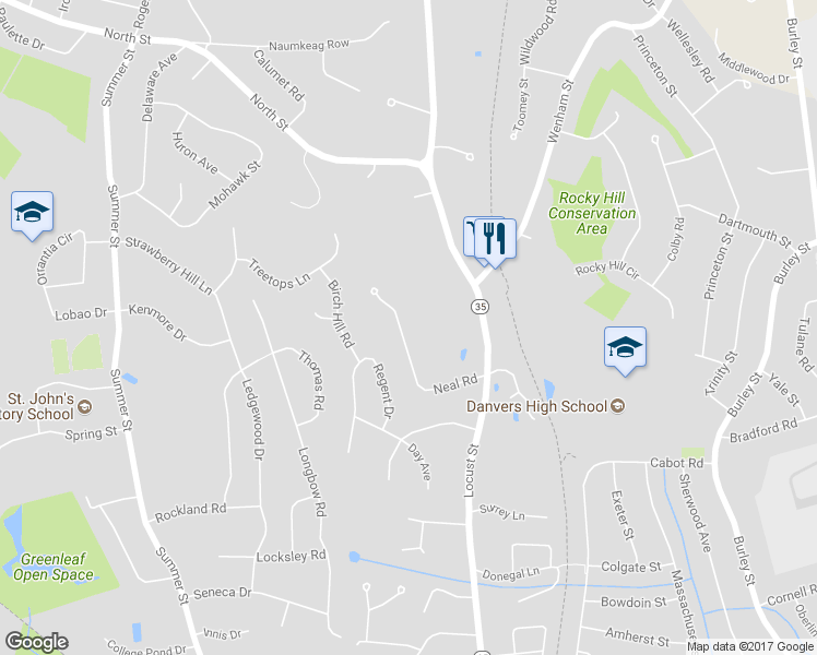 map of restaurants, bars, coffee shops, grocery stores, and more near 19 Neal Road in Danvers