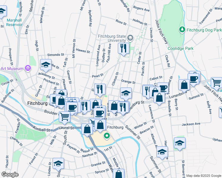 map of restaurants, bars, coffee shops, grocery stores, and more near 7 Congress Street in Fitchburg