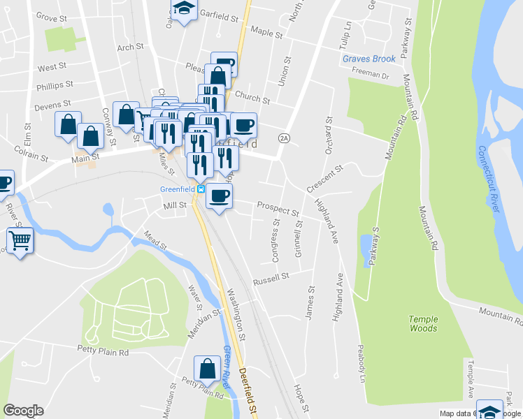 map of restaurants, bars, coffee shops, grocery stores, and more near 30 Prospect Street in Greenfield