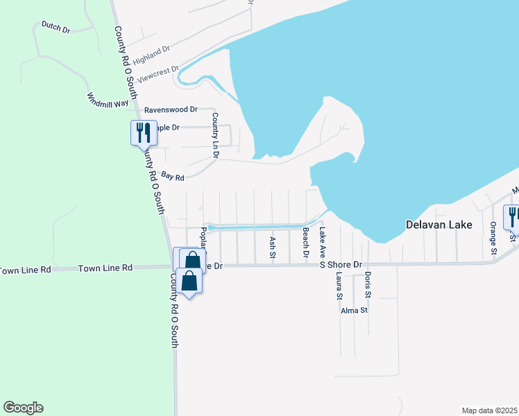 map of restaurants, bars, coffee shops, grocery stores, and more near 4218 Central Blvd in Delavan
