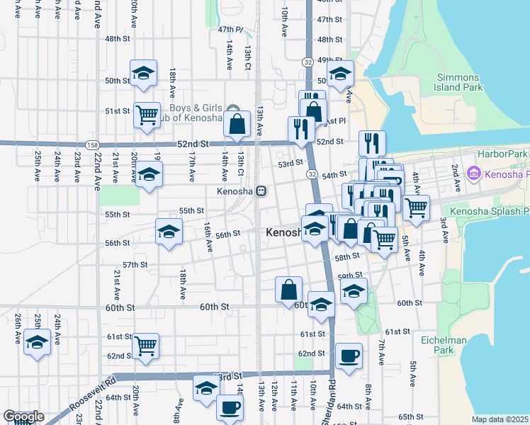 map of restaurants, bars, coffee shops, grocery stores, and more near 5506 11th Avenue in Kenosha