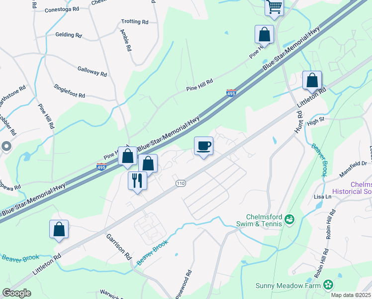 map of restaurants, bars, coffee shops, grocery stores, and more near Oak Street in Chelmsford