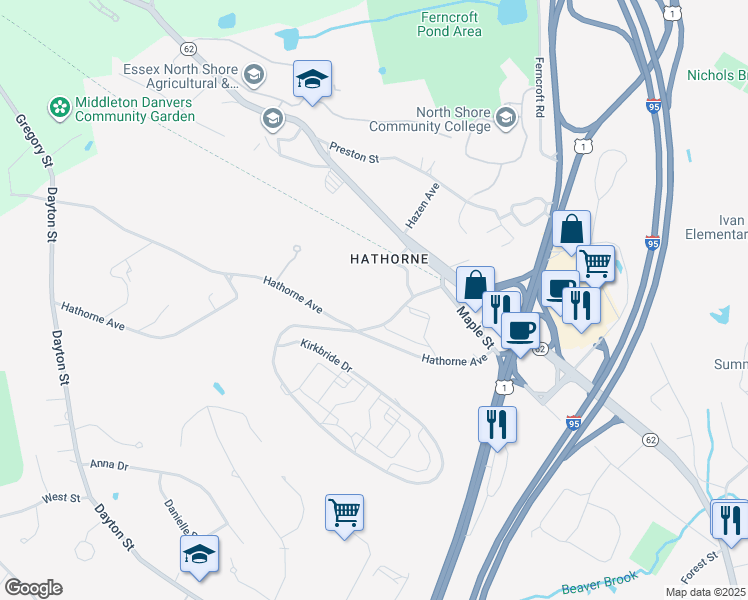 map of restaurants, bars, coffee shops, grocery stores, and more near 15 Kirkbride Drive in Danvers