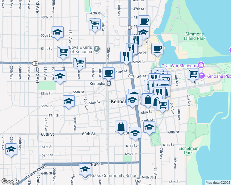 map of restaurants, bars, coffee shops, grocery stores, and more near 5506 11th Avenue in Kenosha