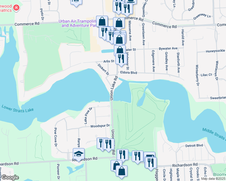 map of restaurants, bars, coffee shops, grocery stores, and more near 3519 Union Lake Road in Commerce Charter Township
