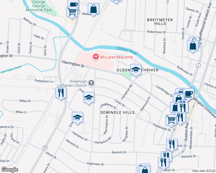 map of restaurants, bars, coffee shops, grocery stores, and more near 932 North Esplanade Street in Mount Clemens