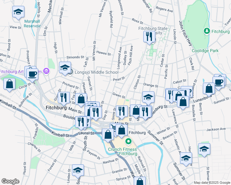 map of restaurants, bars, coffee shops, grocery stores, and more near 36 Green Street in Fitchburg
