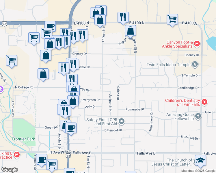 map of restaurants, bars, coffee shops, grocery stores, and more near 1524 Brookside Loop in Twin Falls